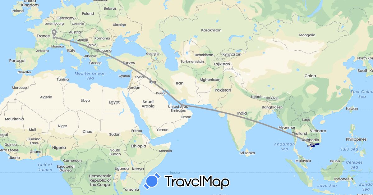 TravelMap itinerary: driving, plane in United Arab Emirates, Switzerland, Vietnam (Asia, Europe)